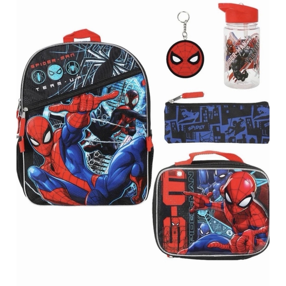 Marvel Spider-man 5 Piece School Light up Backpack Set Lunch Box Pencil Case
